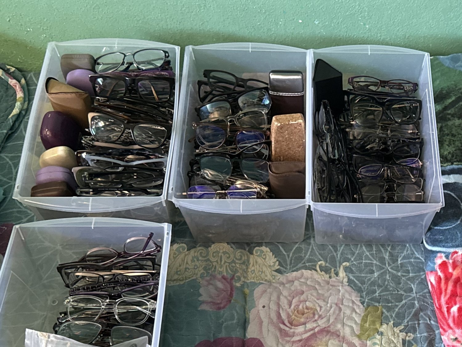 Donated eyeglasses sorted by lens type into labeled bins